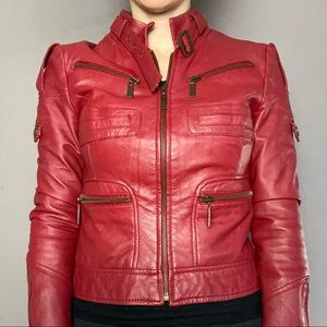 Red Faux Leather Motto Jacket - XS